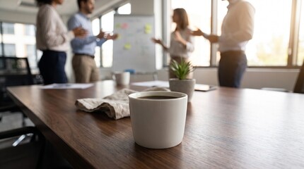 Fototapeta premium Coffee Cup on Boardroom Table with Colleagues Discussing Strategy