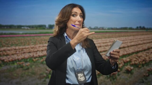 Middle aged woman police officer writing in a notepad with pen and badge visible in a tulip field; investigative determination.
