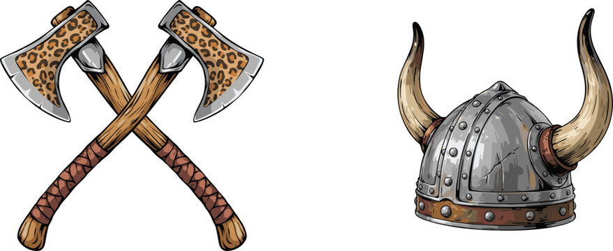 Medieval warrior equipment featuring crossed axes and horned Viking helmet vector emblem