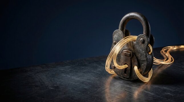 Old vintage padlock with glowing gold digital data wires wrapped around it. Cybersecurity and data protection metaphor. Innovative technology concept for information security.