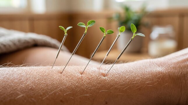 Acupuncture needles with green plant sprout on arm. Alternative medicine concept for natural relief and healing. Holistic health therapy with acupuncture treatment in wellness clinic.
