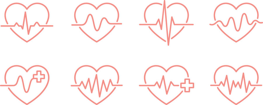 Medical Heartbeat Line Icon Set with EKG Pulse Waves and Healthcare Cross Symbols for Cardiology and Fitness Designs