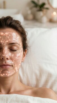 Woman wearing electronic light therapy facial mask during spa treatment. Innovative rejuvenation and anti-aging skincare technology. Future of beauty routine and holistic health care.