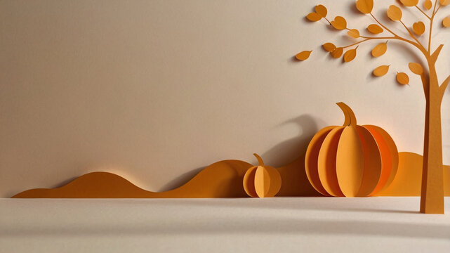 Minimalist autumn paper cut landscape with pumpkins and tree in warm seasonal colors