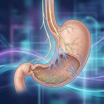 Stomach with Gastroparesis (Nerves): A detailed illustration of the stomach with a visible depiction of damaged or sluggish vagus nerves intertwined with the stomach wall, symbolizing delayed emptying