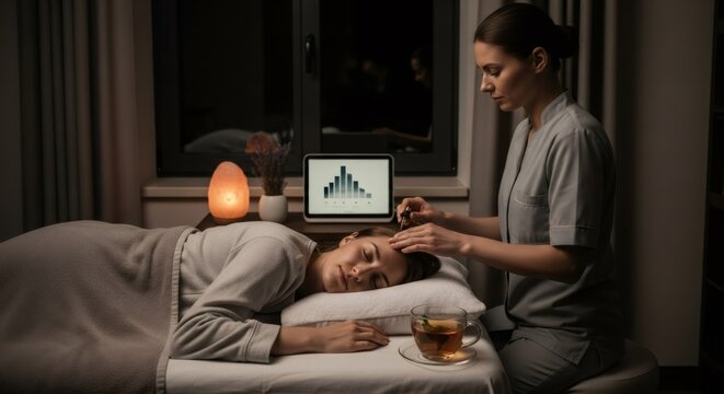 Woman receiving hair treatment from a cosmetologist in a dimly lit room, with a digital tablet displaying hair growth illustration and a salt lamp.