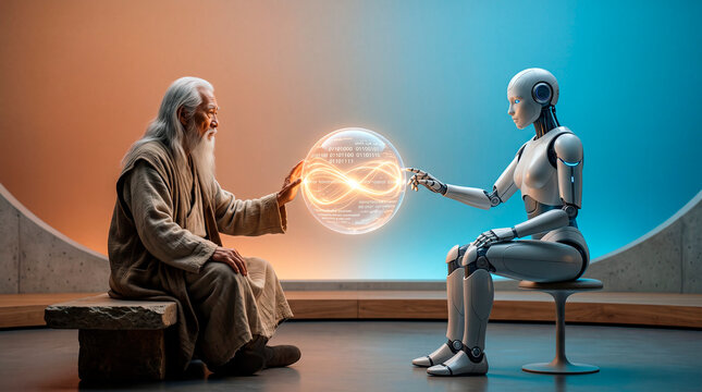 An old man, a sage in traditional clothing, and an android robot exchange energy or information through a glowing sphere filled with symbols: antiquity versus technology, the past meets the future.