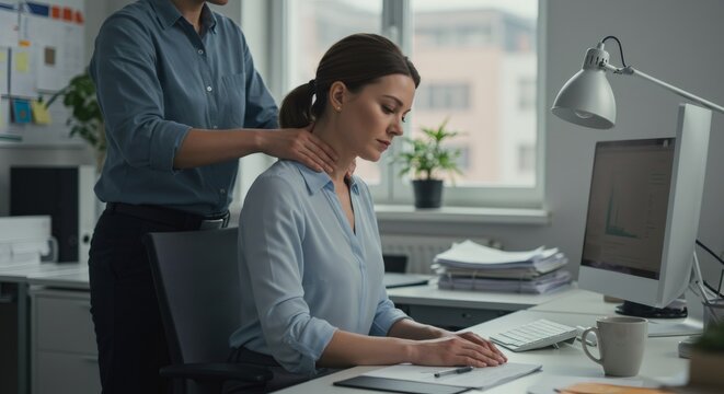 Office worker woman receiving neck and shoulder massage from colleague, stress relief and well-being at work, taking a break for relaxation.