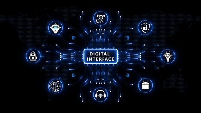 Digital interface technology platform featuring intelligent enterprise connectivity, automated analytics systems, futuristic data visualization and smart infrastructure management 
