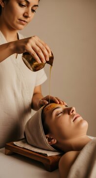 Woman receiving shirodhara therapy at spa. Ayurvedic treatment with warm oil poured on forehead for relaxation and well-being. Wellness and self-care.