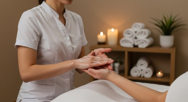 Woman therapist applies cream to woman clients hand during spa treatment with candles in background. Relaxing hand massage for skin care.