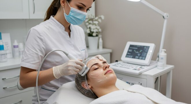 Cosmetologist in mask doing ultrasonic facial peeling on woman patient. Rejuvenation skin treatment in cosmetic clinic for beauty and healthcare.