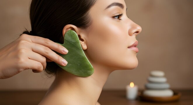 Woman getting a gua sha facial massage for skin care and rejuvenation. Beauty and wellness concept for spa treatment and anti-aging.