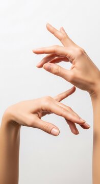 Woman hand gesture. Artistic and graceful pose of female hands, highlighting elegance and beauty for skincare and cosmetic advertisement.
