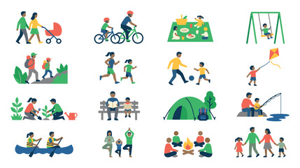Fototapeta premium Family outdoor activities flat style icons showing parents and children having active time.