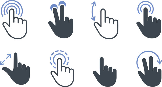 Touch Screen Hand Gesture Icon Set with Tap, Double Click, Zoom, Swipe, Scroll, and Multi Touch Pointer Vectors