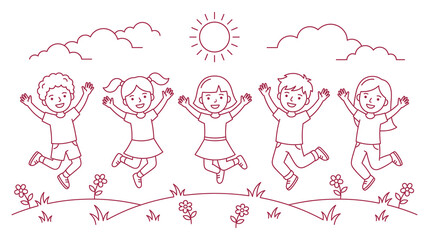 Fototapeta premium Group of happy jumping children playing in sunny nature meadow with flowers sketch.