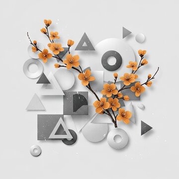 Blooming orange flowers emerge from a complex composition of geometric shapes on a light background.