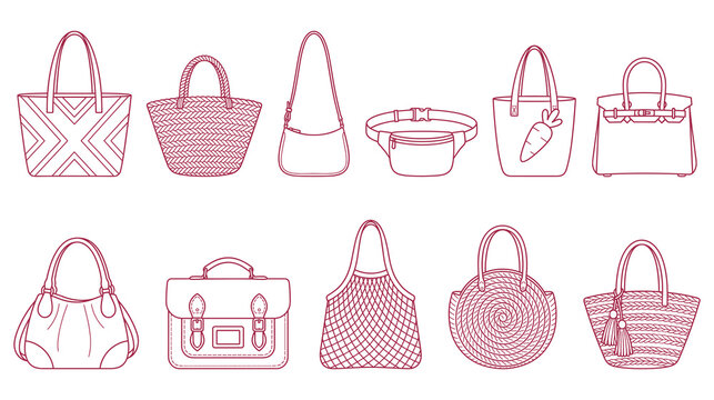 Handbags and bags collection vector illustration in line art.