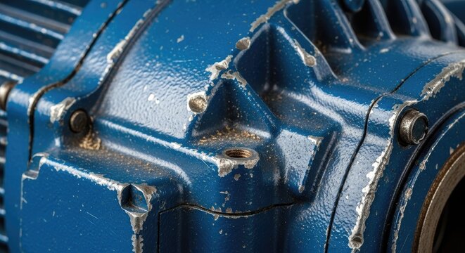 Weathered blue industrial machinery housing shows signs of wear and tear