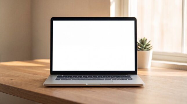 Laptop facing forward with a blank white screen on a wooden table, with a small plant blurred in the background, ideal for screen mockups.