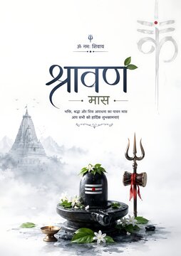 Shravan Maas Festival Illustration with Shivling Trident Temple and Sacred Flowers