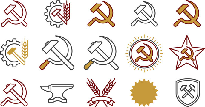 Hammer and Sickle Communist Symbol Set with Soviet Red Star, Industrial Gear, Anvil, and Wheat Ribbon Badges