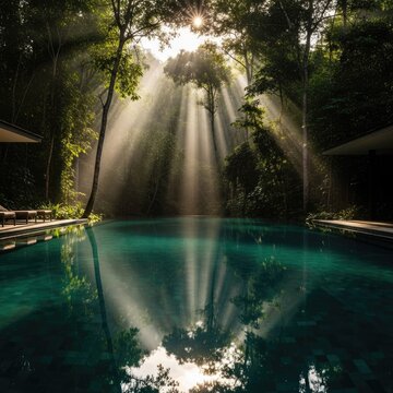 Bright sunbeams pierce through dense tropical foliage surrounding a serene swimming pool.