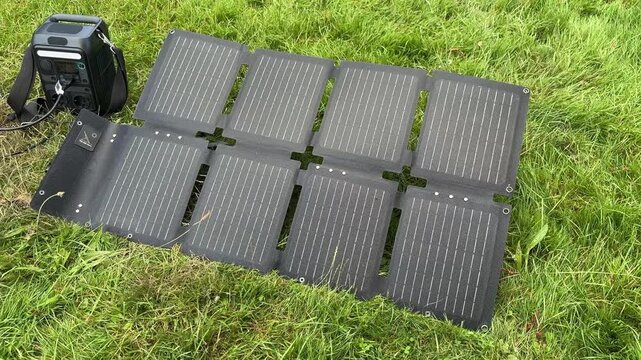 Portable foldable solar panels connected to a power station outdoors. Concept of renewable energy, off-grid electricity, battery storage, camping, sustainable technology and clean power.