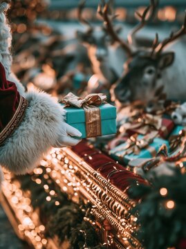 Santa Claus's white-gloved hand placing the bright turquoise blue gift box with a gold ribbon onto a sleigh 
