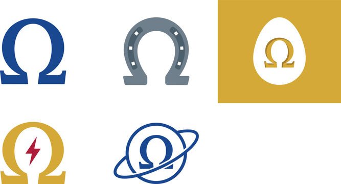 Greek Letter Omega Logo Icon Set Featuring Horseshoe, Lightning Bolt, Space Saturn Planet, and Engineering Blueprint Designs