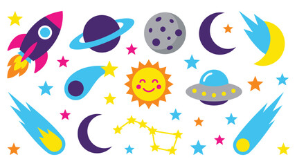Space elements with planets, sun, moon, rocket, stars, and comets on white background. © jubayer71