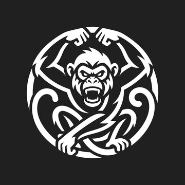 Aggressive monkey mascot in circular tribal style