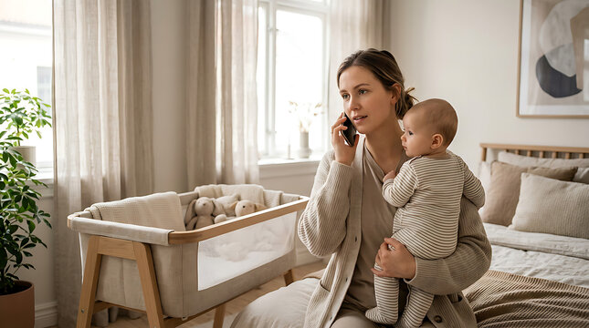 Busy Mom on Phone Holding Baby Near Crib, Modern Nursery Room