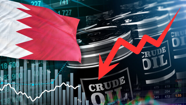 A barrel of crude oil, the Bahrain flag, and a red arrow illustrate the drop in Bahrain's oil prices, relating to market fluctuations, resource supply chain security, and global energy inflation.