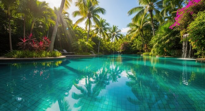 Sunlight streams over a luxurious tropical swimming pool surrounded by lush greenery and palm trees