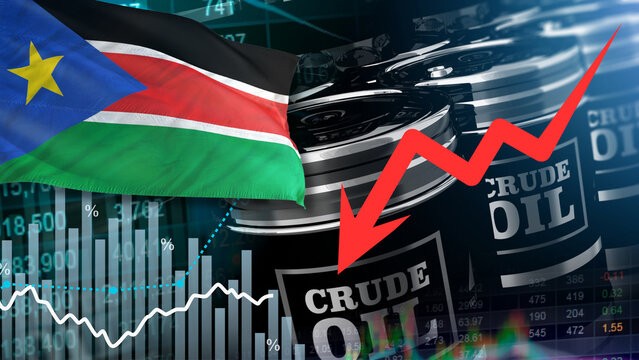 A barrel of crude oil, the South Sudan flag, and a red arrow illustrate the drop in South Sudanese oil prices, relating to market fluctuations, resource supply chain security, and global energy 
