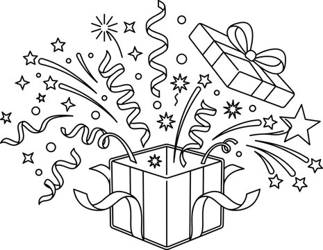 Surprise Birthday Gift Box Line Art Vector with Confetti Streamers, Firework Sparks, and Stars for Celebration Coloring Pages