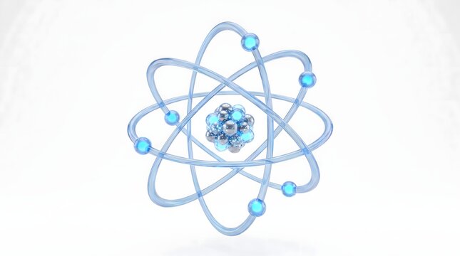 3D render of abstract glass atom model with orbiting electrons isolated on white background
