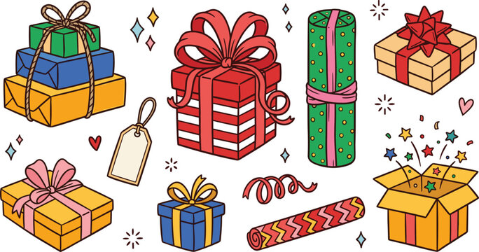 Colorful Christmas and Birthday Gift Box Illustration Set with Wrapping Paper Rolls, Hanging Tags, and Decorative Bows
