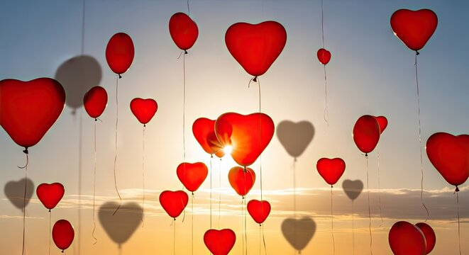 Numerous red heart shaped inflatables ascend into the bright sky during sunset
