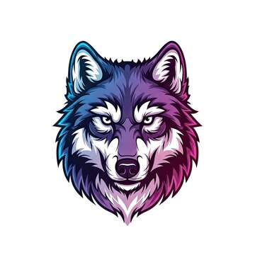 Stylized portrait of a fierce canine head displays vibrant blue and purple gradients