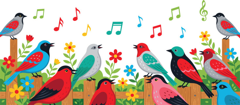 Colorful singing birds with blooming flowers, whimsical spring nature vector illustration collection design