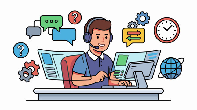 Cartoon operator with headset and computer surrounded by icons