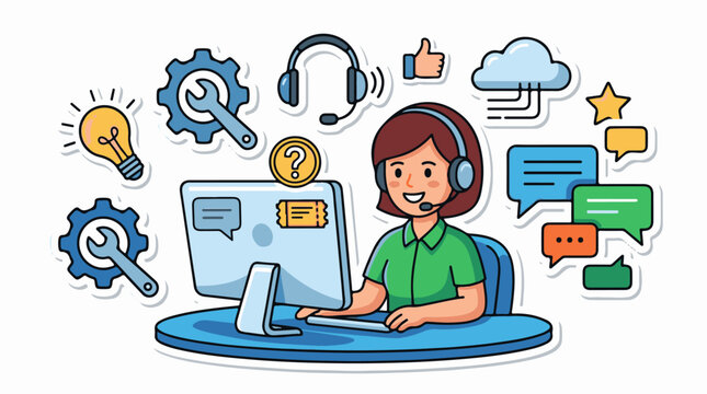 Cartoon operator with headset computer and communication icons