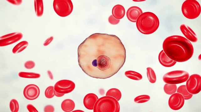 Plasmodium ovale ring stage, 3D animation showing early intraerythrocytic trophozoite with delicate ring form inside an enlarged oval red blood cell with subtle surface alteration.