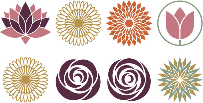 Geometric Floral Logo Icon Set with Lotus, Rose, Tulip, Sunflower, and Mandala Blossom Vectors for Wellness Brands