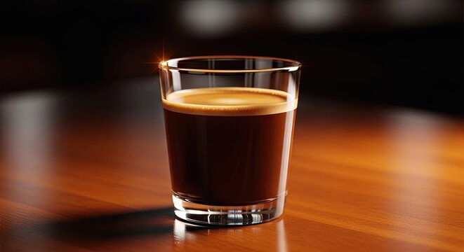 Rich dark espresso drink rests on a polished wooden surface with dramatic lighting.