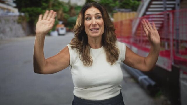 Woman waving with raised hand and visible forearm on a street beside red railing and pipes, wearing a white sleeveless top; welcoming greeting.