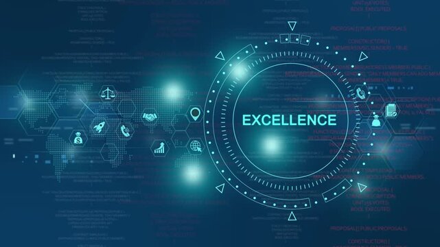 Digital excellence concept with hud interface, global network connectivity, and data analytics visualization in futuristic blue tech background